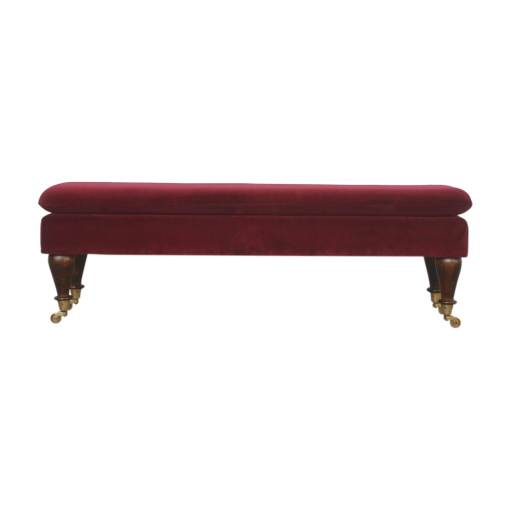 Wine Red Velvet Castor Bench - Image 2