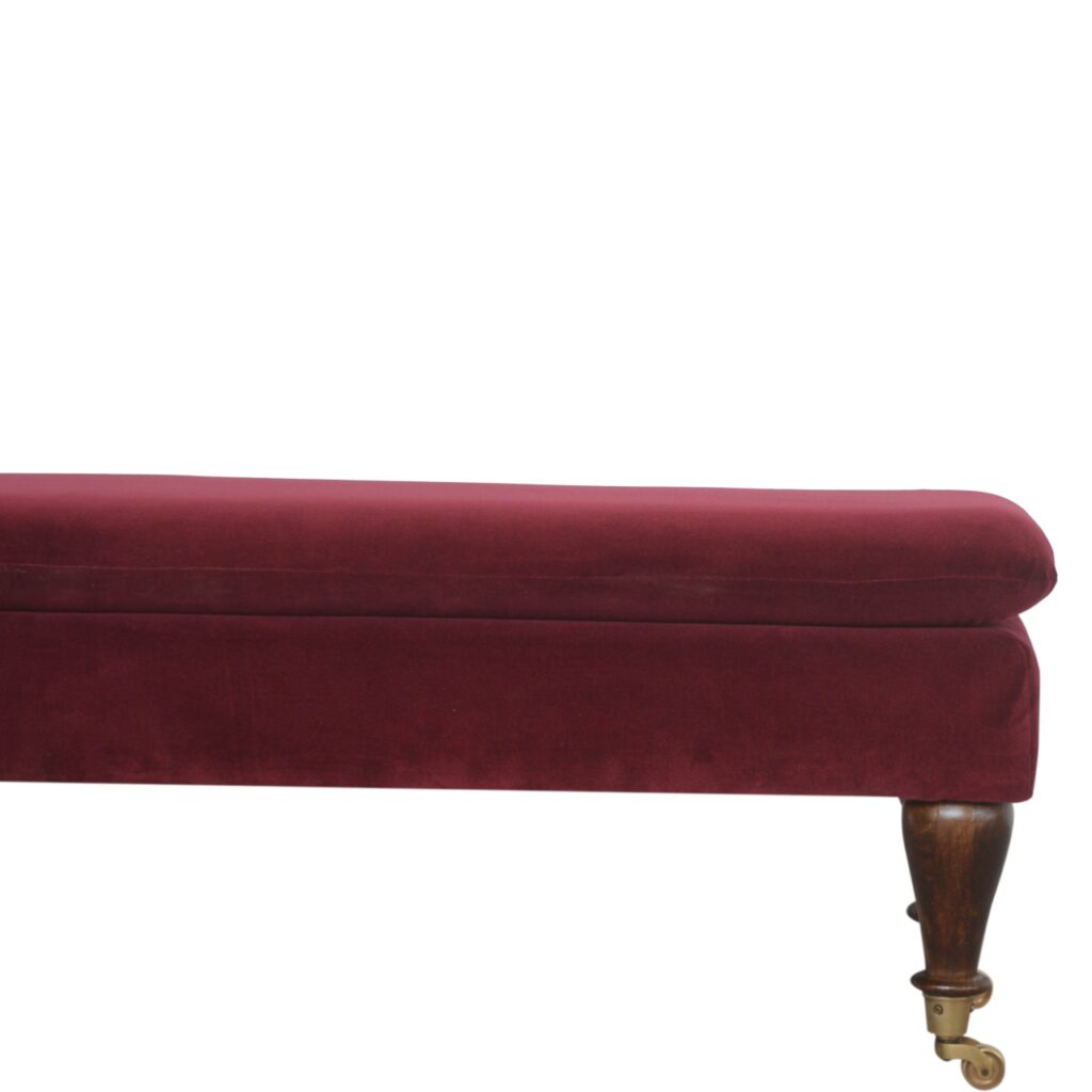 Wine Red Velvet Castor Bench - Image 5