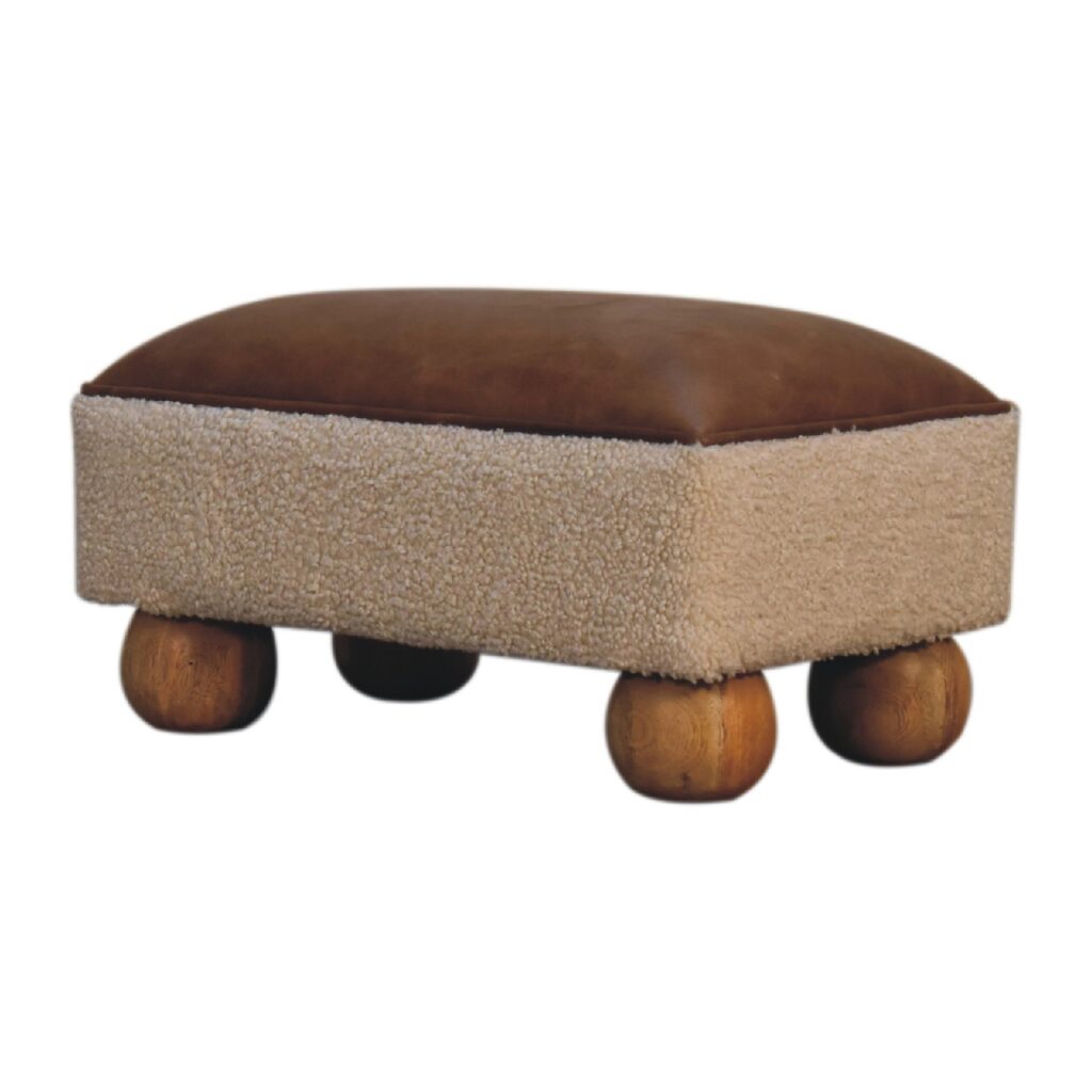 Vintage Leather Boucle Ball Footstool - Image 3