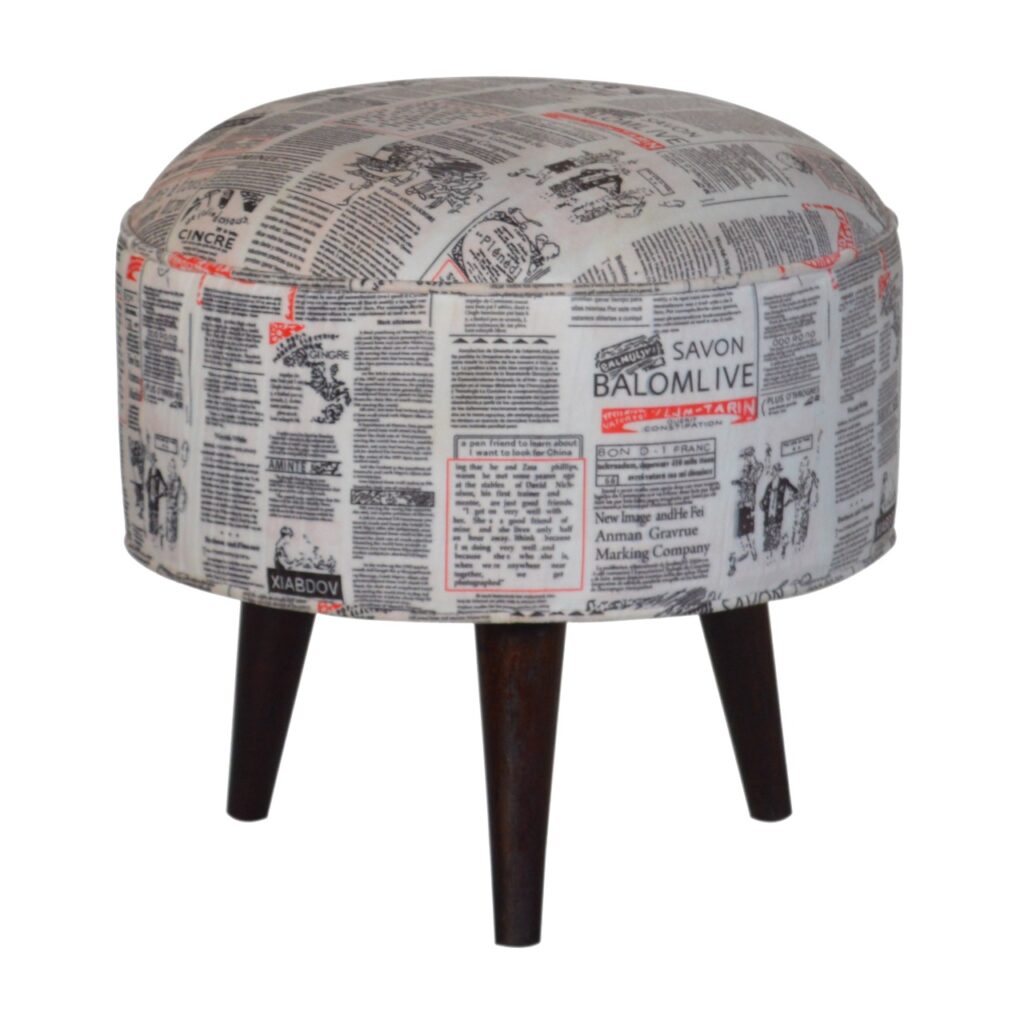 IN1018 - Round Footstool with News Print Velvet - Image 2