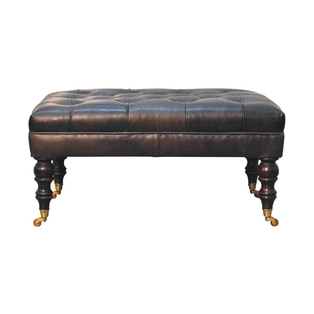 Buffalo Ash Black Leather Ottoman with Castor Legs - Image 2