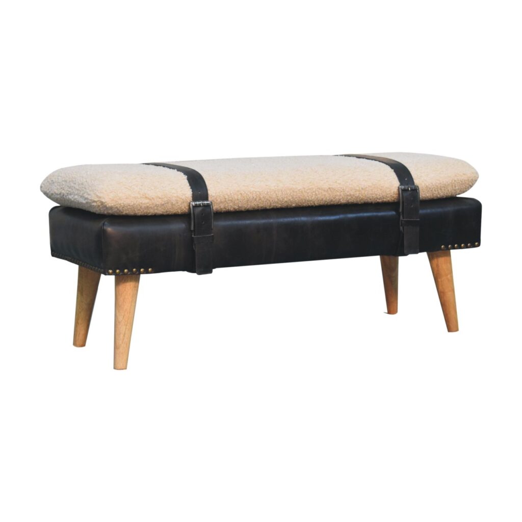 Bouclé Buffalo Hide Black Leather Bench - Image 3