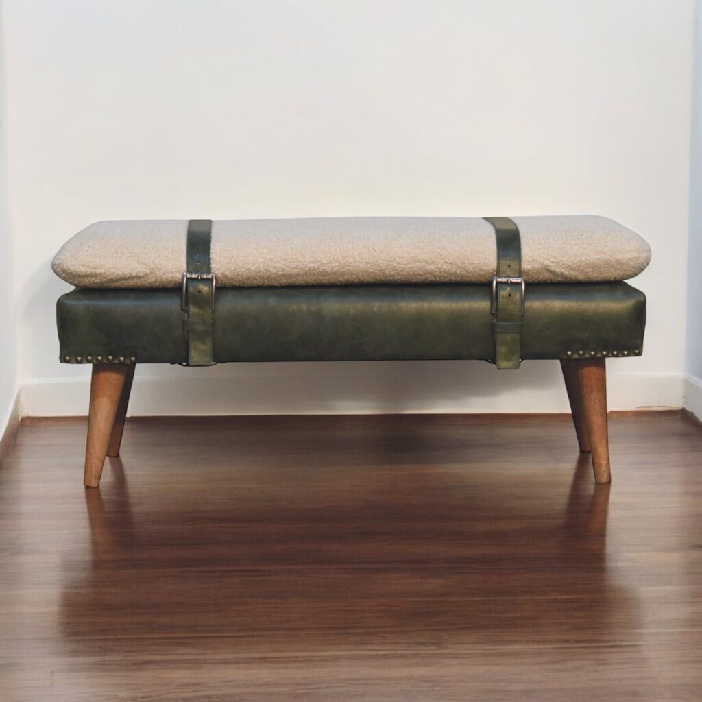 Bouclé Buffalo Hide Olive Green Leather Bench - Image 19