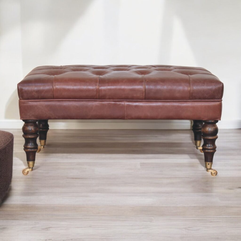 Buffalo Brown Leather Ottoman with Castor Legs - Image 8